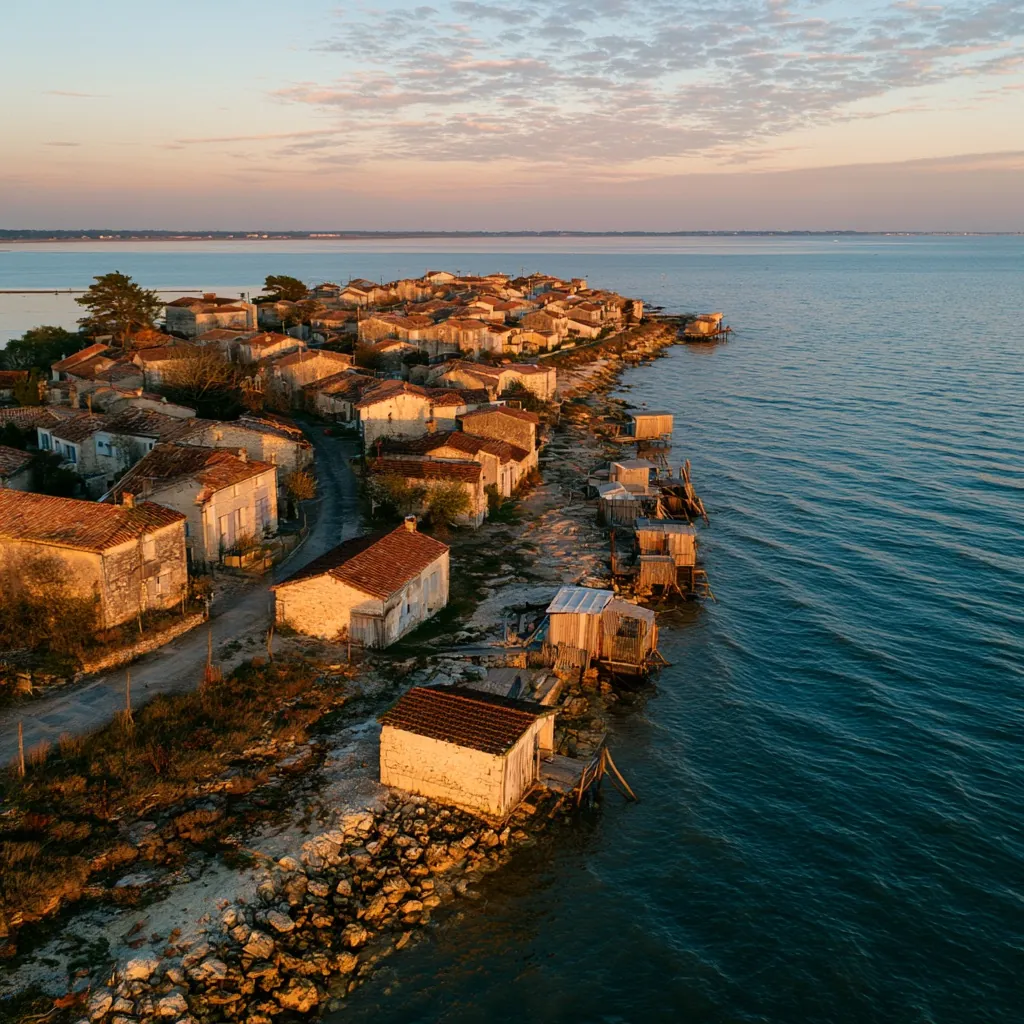 Village ostréicole du littoral charentais au couchant, cabanes sur pilotis face à l'océan