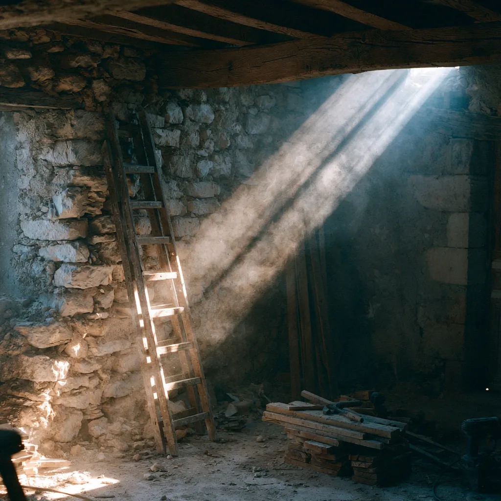 Intérieur d'une ferme ancienne en rénovation, rai de lumière sur mur de pierre et poutres
