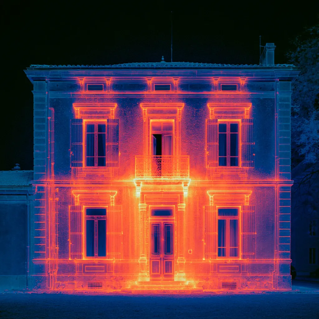 Maison ancienne vue en caméra thermique, zones de déperdition de chaleur en orange vif